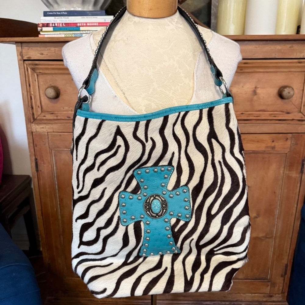 Double J Saddlery Genuine Ostrich Bucket Purse Calf Hair Zebra